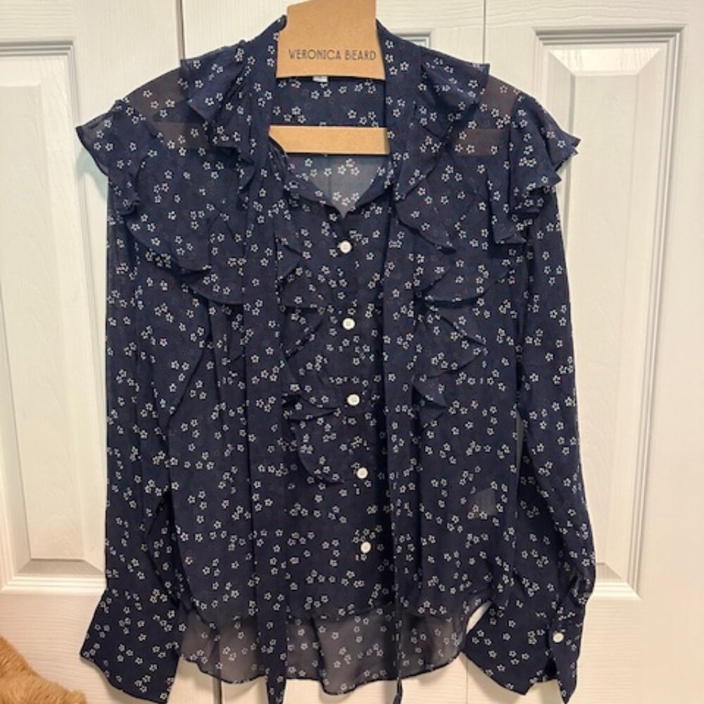 Veronica Beard Navy Blue Floral Ruffle Button-Up Blouse